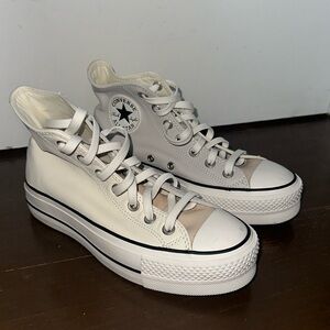 CONVERSE GRAY, WHITE and TAN  CHUCK TAYLOR ALL STAR PLATFORM LEATHER SNEAKERS
